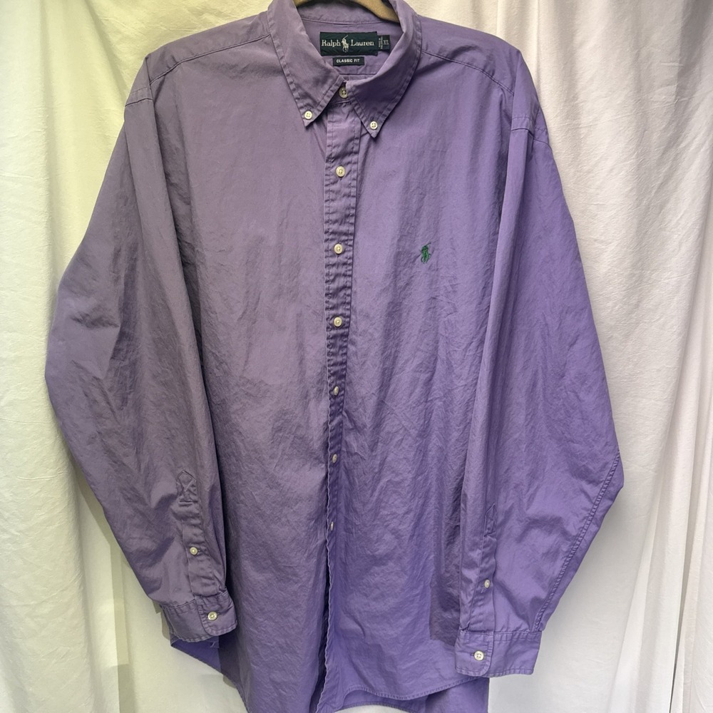 Vintage Ralph Lauren Shirt Mens XL Silky Cotton Button Down Purple Green Pony